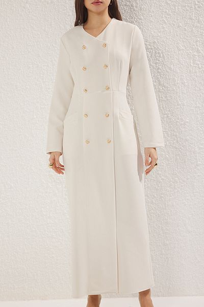 Trendyol Modest Beigefarbenes, geknöpftes, gewebtes Stoffkleid TCTSS25EB00027