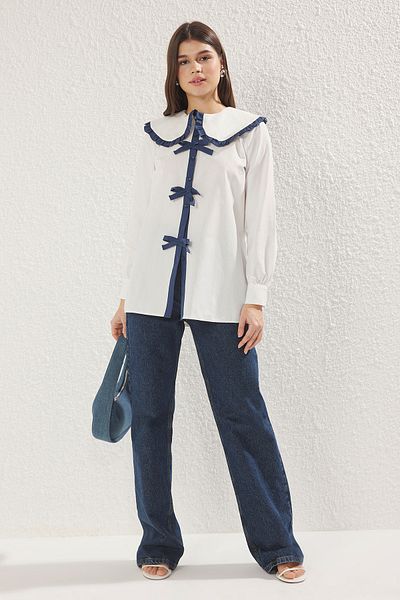 Trendyol Modest Dětská košile s límečkem Ecru Ribbon TCTSS25TG00012