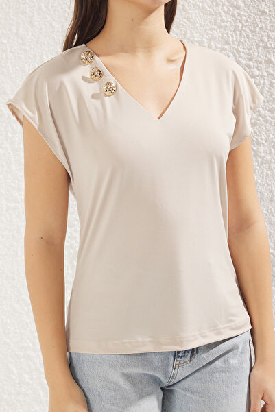 Trendyol Collection Bluză tricotată cu decolteu în V cu nasturi de piatră - TWOSS25BZ00035