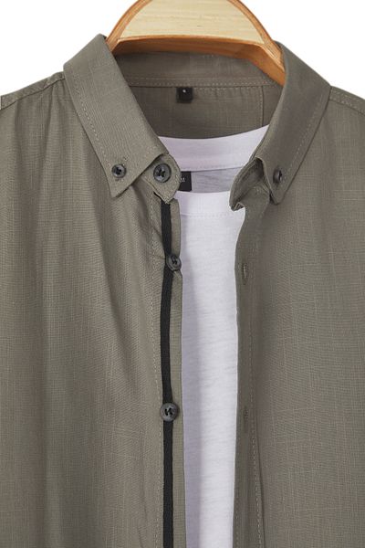 Trendyol Collection Dunkles Hemd mit geknöpftem Kragen und Epauletten, schmale Passform, langärmlig, 100 % Baumwolle, Leinen-Optik, TMNSS20GO0189