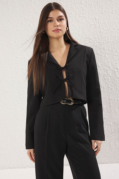 Trendyol Collection Schwarze, mit Schnürung gefütterte Crop-Blazer-Jacke TWOSS25BC00025