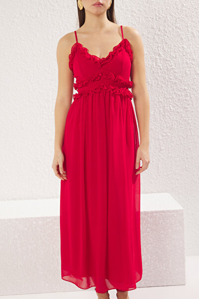 Trendyol Collection Piros virágmintás - Maxi sifon ruha fodrokkal és béléssel TWOSS23EL02013