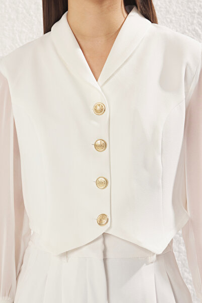 Trendyol Collection White Metal Button Detail Crop Blazer Jacket with Sheer Sleeves - Twoss25Bc00026