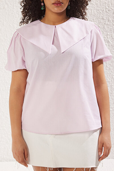 Trendyol Curve White-Pink Striped Woven Blouse Tbbss24Af00000