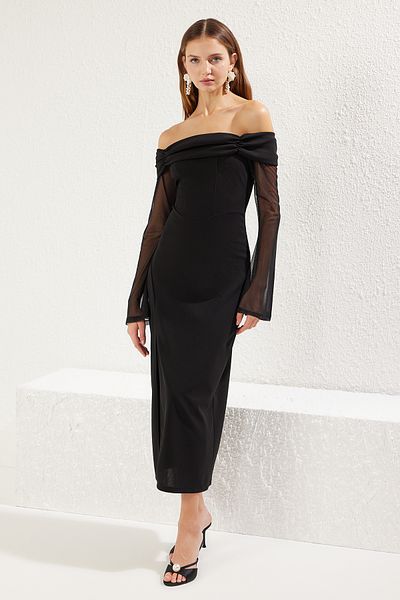 Trendyol Collection Schwarzes, figurbetontes, drapiertes, gestricktes, stilvolles Midikleid aus Krepp
