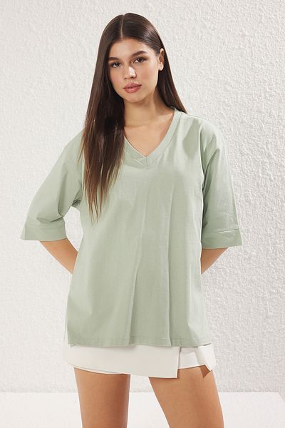 Trendyol Collection Mintfarbenes, übergroßes/weit geschnittenes Strick-T-Shirt mit Dreiviertelärmeln aus 100 % Baumwolle TWOSS25TS00011