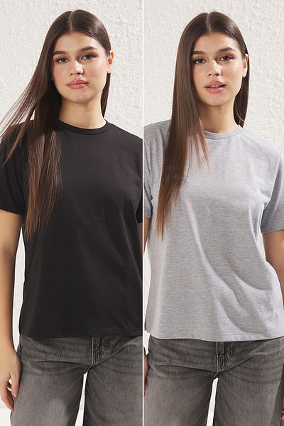 Trendyol Collection Pletené tričko Crew Neck Šedá Melange-Černá Základní pletené tričko 2 balení 100% bavlna - Twoss20Ts0141