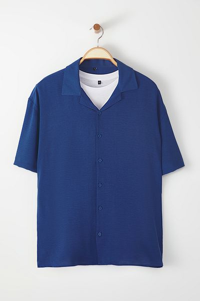 Trendyol Collection Cămașă cu mânecă scurtă de vară Indigo Oversize Fit TMNSS24GO00019