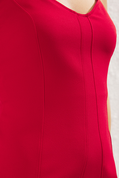 Trendyol Collection Piros A-vonalú varrással részletezett mini szőtt ruha TWOSS25EL00054