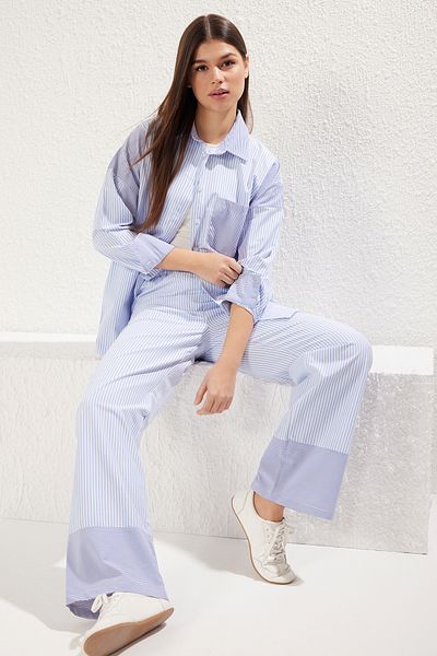 Trendyol Modest Blue Oversize Striped Pocket Detailed Woven Bottom-Top Suit Tctss25Us00018