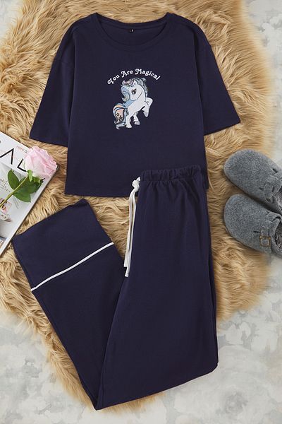 Trendyol Collection Navy Blue Cotton Leisure εμπριμέ πλεκτό σετ πιτζάμες με λεπτομέρεια σωληνώσεων THMSS21PT0953