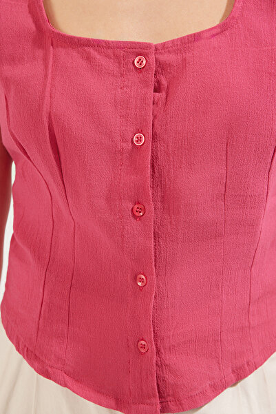 Trendyol Collection Fuchsia Front Button Detail Short Sleeve Square Neck Woven Shirt Twoss25Go00007