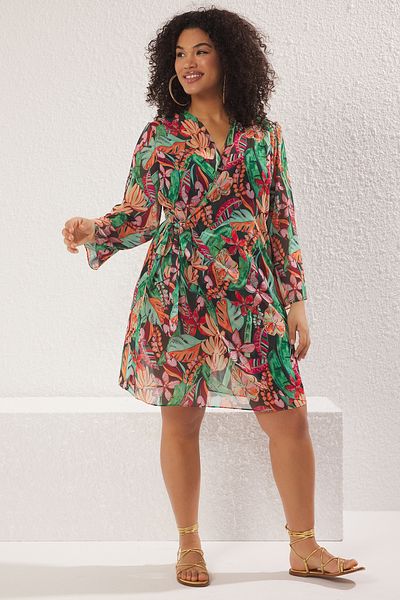 Trendyol Curve Multicolor Chiffon Double Breasted Closure Mini Beach Wear Plus Size Dress Tbbss25Ah00085