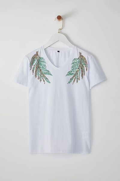 Edit by Trendyol Ecru Knitted T-Shirt with Sequins - 100% Cotton, Regular Fit Tedss25Ts00000