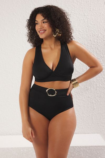 Trendyol Curve Schwarze Bikini-Unterseite in Übergröße mit hoher Taille und Accessoire-Detail in der Taille TBBSS25CR00006