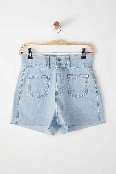 Trendyol Collection Pantaloni scurți din denim albastru deschis - picior cu nasturi dubli și talie înaltă