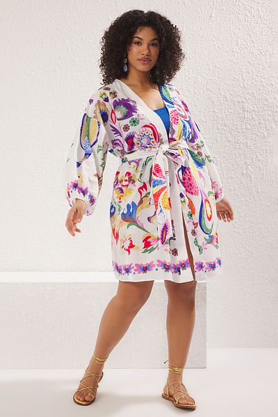 Trendyol Curve Colorful Floral Print - Belted Mini Balloon Sleeves 100% Cotton Kimono & Kaftan Tbbss25De00001