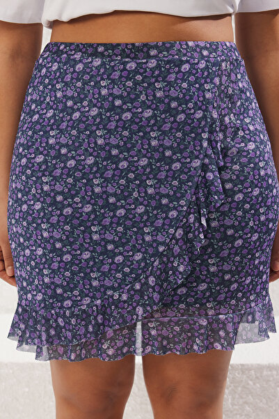 Trendyol Curve Fusta mov cu volane Fusta tricotată din tul de mărime mare TBBSS25AZ00005