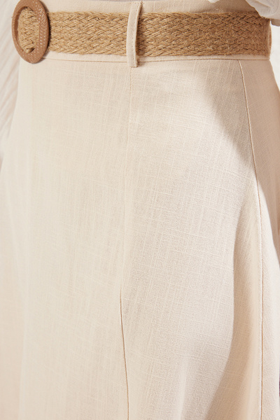 Trendyol Collection Beige Belt Detailed Linen Maxi Size A-Line Maxi Size Woven Skirt Twoss25Et00071
