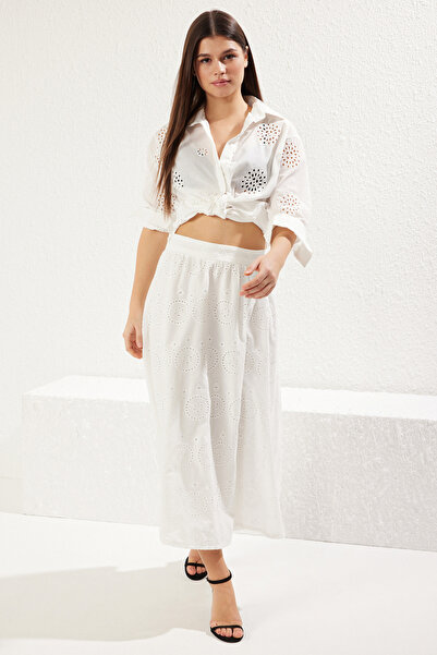 Trendyol Collection White Embroidered Fabric Maxi Length Woven Skirt Twoss25Et00028