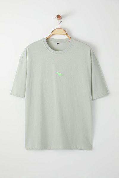 Trendyol Collection Graues, übergroßes Kurzarm-T-Shirt mit Dinosaurier-Stickerei – 100 % TMNSS23TS00243