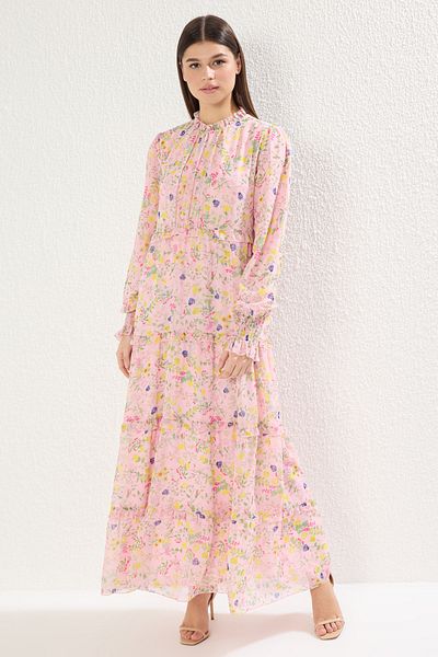 Trendyol Modest Ροζ φόδρα με φλοράλ υφαντό σιφόν χιτζάμπ φόρεμα TCTSS25EB00052