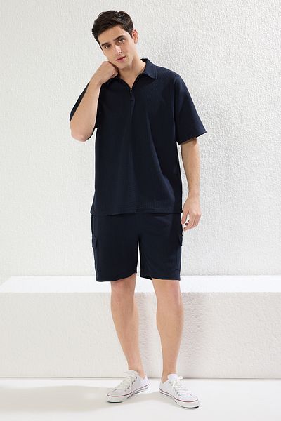 Trendyol Collection Σετ αθλητικής φόρμας Navy Blue Polo με φερμουάρ - με τσέπες φορτίου TMNSS24EM00000