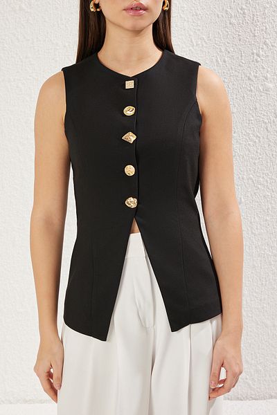 Trendyol Collection Schwarze gewebte Weste mit normaler Rundhalsausschnitt und Knopfdetail TWOSS25YE00035