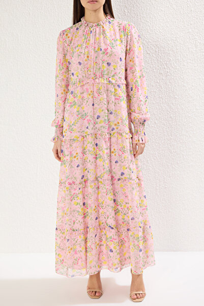 Trendyol Modest Ροζ φόδρα με φλοράλ υφαντό σιφόν χιτζάμπ φόρεμα TCTSS25EB00052