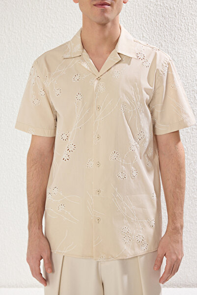 Trendyol Collection Beige Regular Fit Short Sleeve Embroidery Burning Printed Summer Shirt Tmnss25Go00017