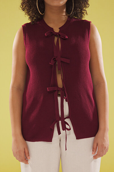 Trendyol Curve Cotton Blend Burgundy Knitwear Blouse - Ribbon and Bow Detail Tbbss25Af00052