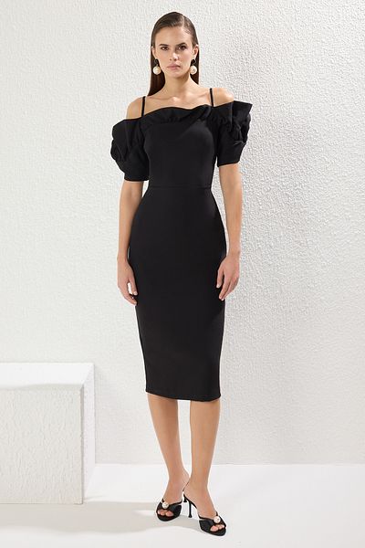 Trendyol Collection Černý Carmen límec volán Detail Tkané stylové šaty Tprss25El00087