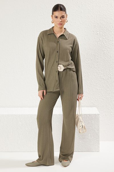 Trendyol Modest Khaki Textured Button Knitted Bottom-Top Suit Tctss25Us00010
