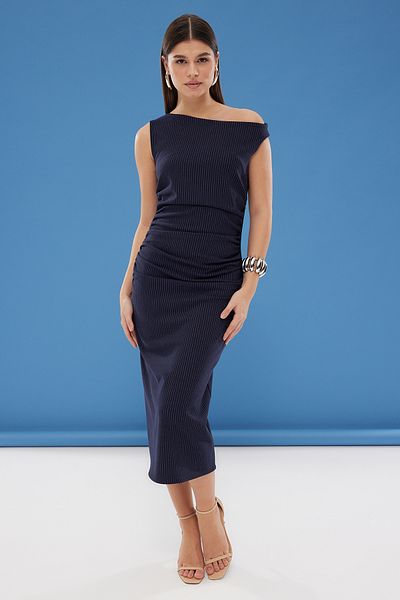 Trendyol Collection Μπλε ριγέ μίντι υφαντό φόρεμα που αγκαλιάζει το σώμα TWOSS25EL00264