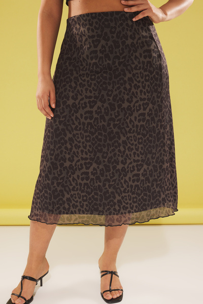Trendyol Curve Plus Size Khaki A-Line Spódnica Tiulowa Z Nadrukiem W Panterkę - Tbbaw25Az00006