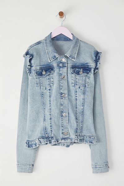 TRENDYOLKIDS Jachetă de blugi cu umeri cu volane pentru fete albastru deschis TKDSS25CE00004