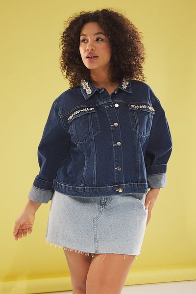 Trendyol Curve Dark Blue Rhinestone Plus Size Denim Jacket Tbbss25Ag00001