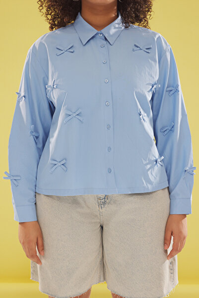 Trendyol Curve Blue Bow Woven Plus Size Shirt Tbbss25Ax00002