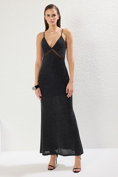 Trendyol Collection Schwarzes, gerades, gerade geschnittenes, detailliertes, gestricktes, glitzerndes, gestricktes Maxi-Abendkleid und Heimkehrkleid