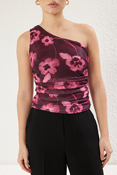 Trendyol Collection Single Shoulder Stretchy Tulle Blouse - Burgundy Floral with Draped Details Twoss24Bz00311