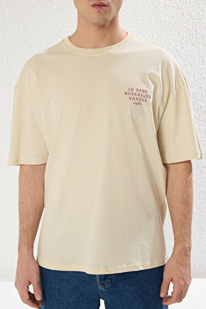 Trendyol Collection Πέτρινο μπλουζάκι Unisex Oversize/Φαρδιά κοπή με αφράτη εκτύπωση στην πλάτη, 100% βαμβάκι TMNSS24TS00052