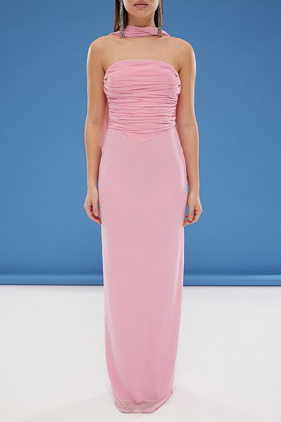Trendyol Collection Puderschal-Tüll-Strick-Maxi-Abendkleid für die Heimkehr TPRSS25AE00056