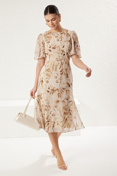 Trendyol Collection Hellkhakifarbenes, gerades Midi-Kleid mit zwei Bändern