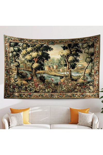 Else Dekor Vintage French Tapestry with Retro Castle Pattern - Wall Cover and Carpet