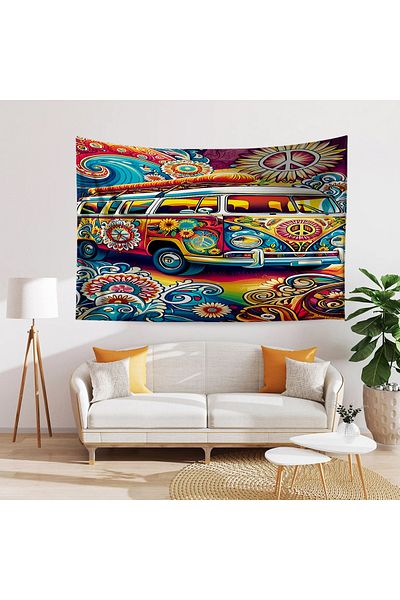 Else Dekor Hippie Floral Patterned Bus Carpet - Wall Cover Tapestry