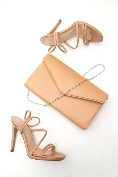 MFT AYAKKABI Set pantofi și genți cu toc subțire de vară pentru femei Nude Color - 10 Cm
