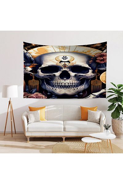 Else Dekor Gothic Floral Patterned Skull Tapestry - Duar Rug Cover
