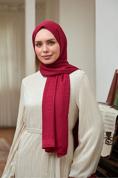 İpekhan Red Silk Jacquard Square g Pattern Shawl