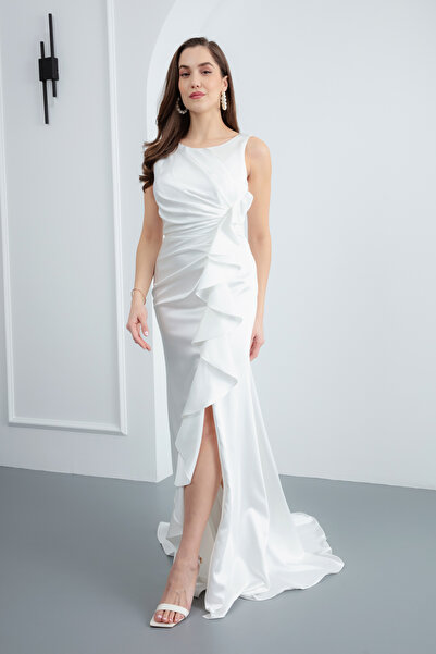 Lafaba Γυναικείο βραδινό φόρεμα με λευκό βολάν με σκίσιμο μακρύ σατέν