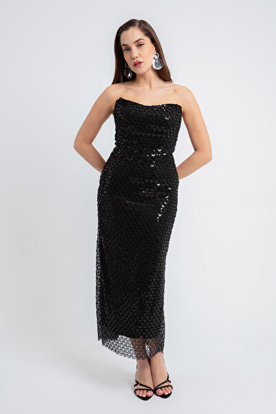 Lafaba Black Strapless Beading Detailed Midi Women's Evening Dress Elibse